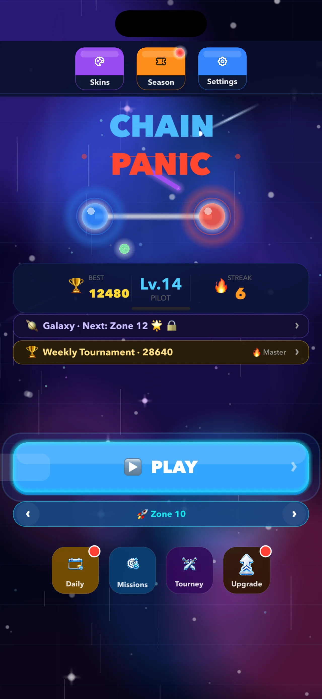 Chain Panic main menu — pilot level, daily streak and the weekly tournament rank