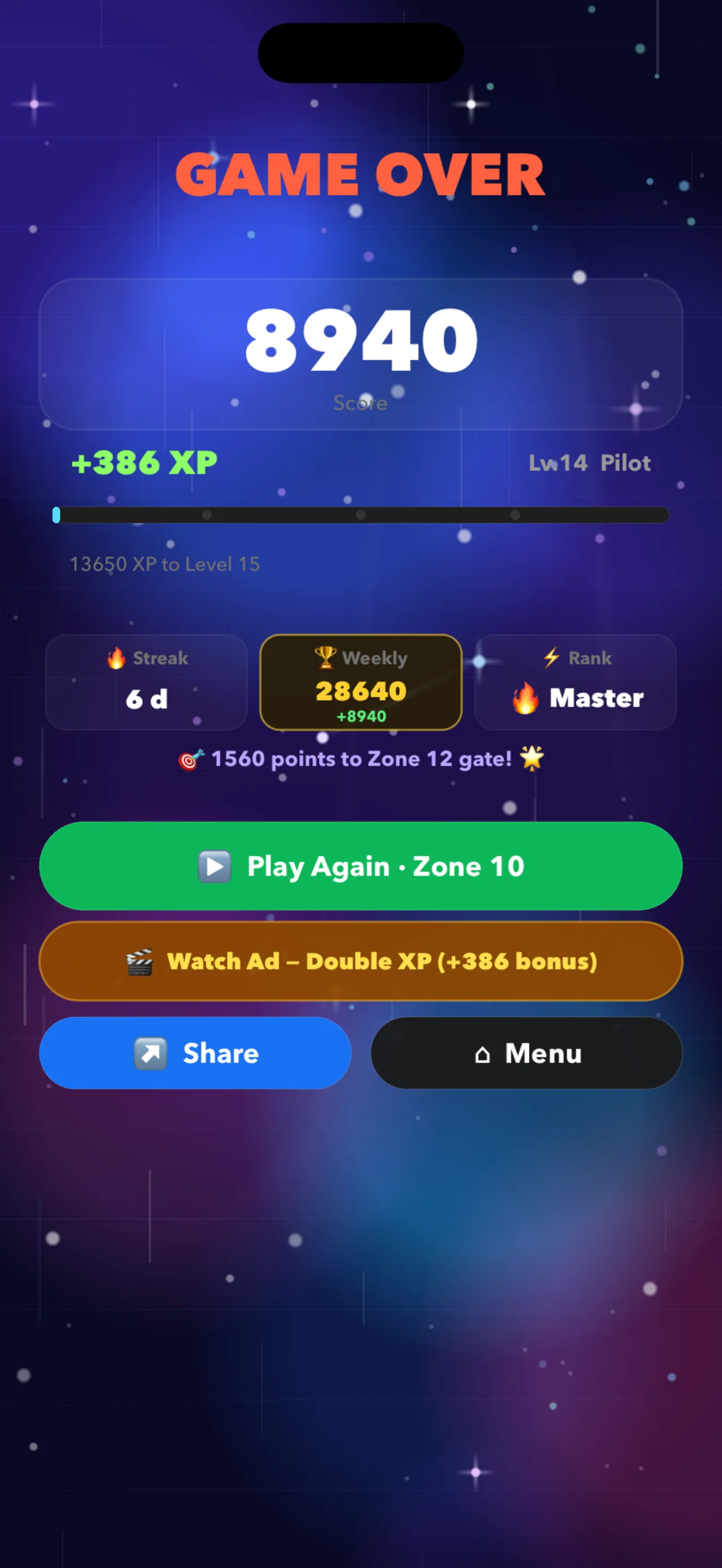 Chain Panic run summary — XP earned, streak, weekly total and the next zone gate