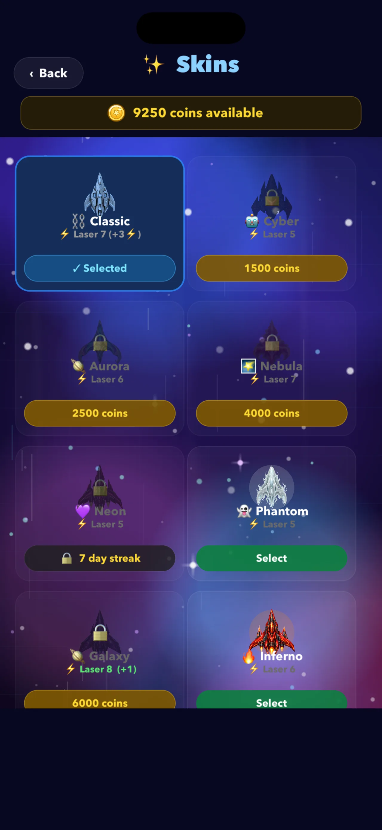 Chain Panic skins — laser tiers bought with coins or unlocked by streak