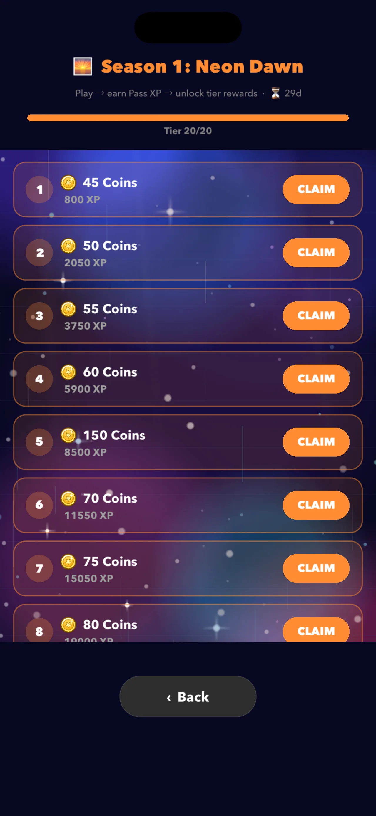Chain Panic Season 1 Neon Dawn — twenty tiers of pass rewards
