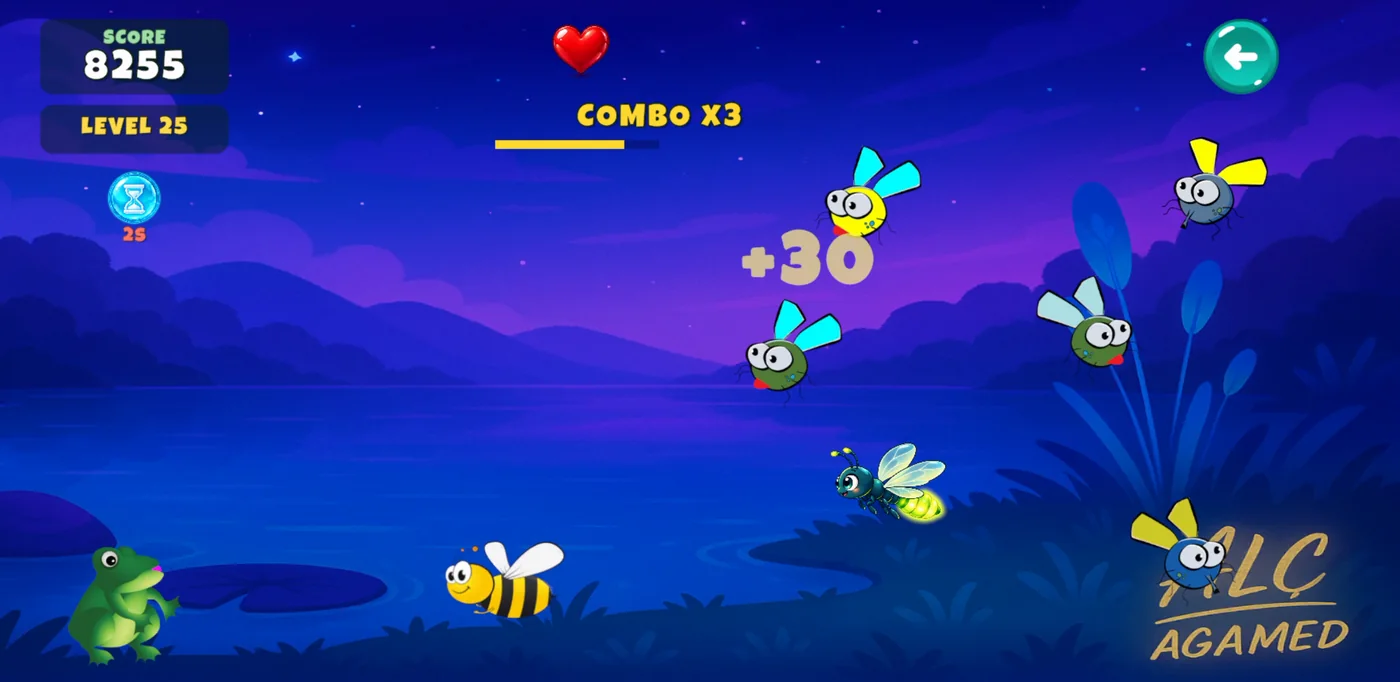 Funny Hunter Frog at dusk — level 25 with a time power-up, a dragonfly and fireflies over the water