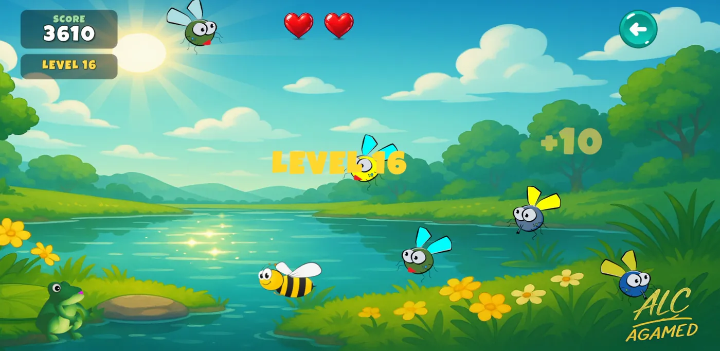 Funny Hunter Frog level-up moment — the new level number flashes over the pond as bugs keep coming