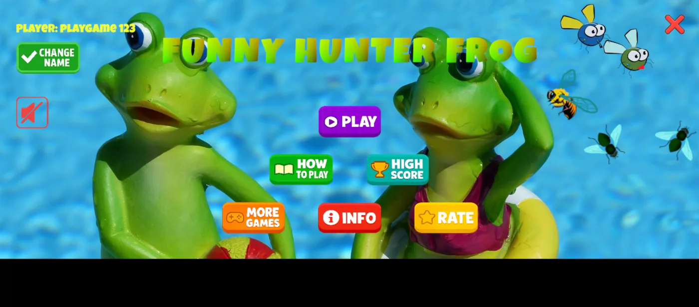 Funny Hunter Frog ana menü — oynamadan önce oyuncu adını belirle