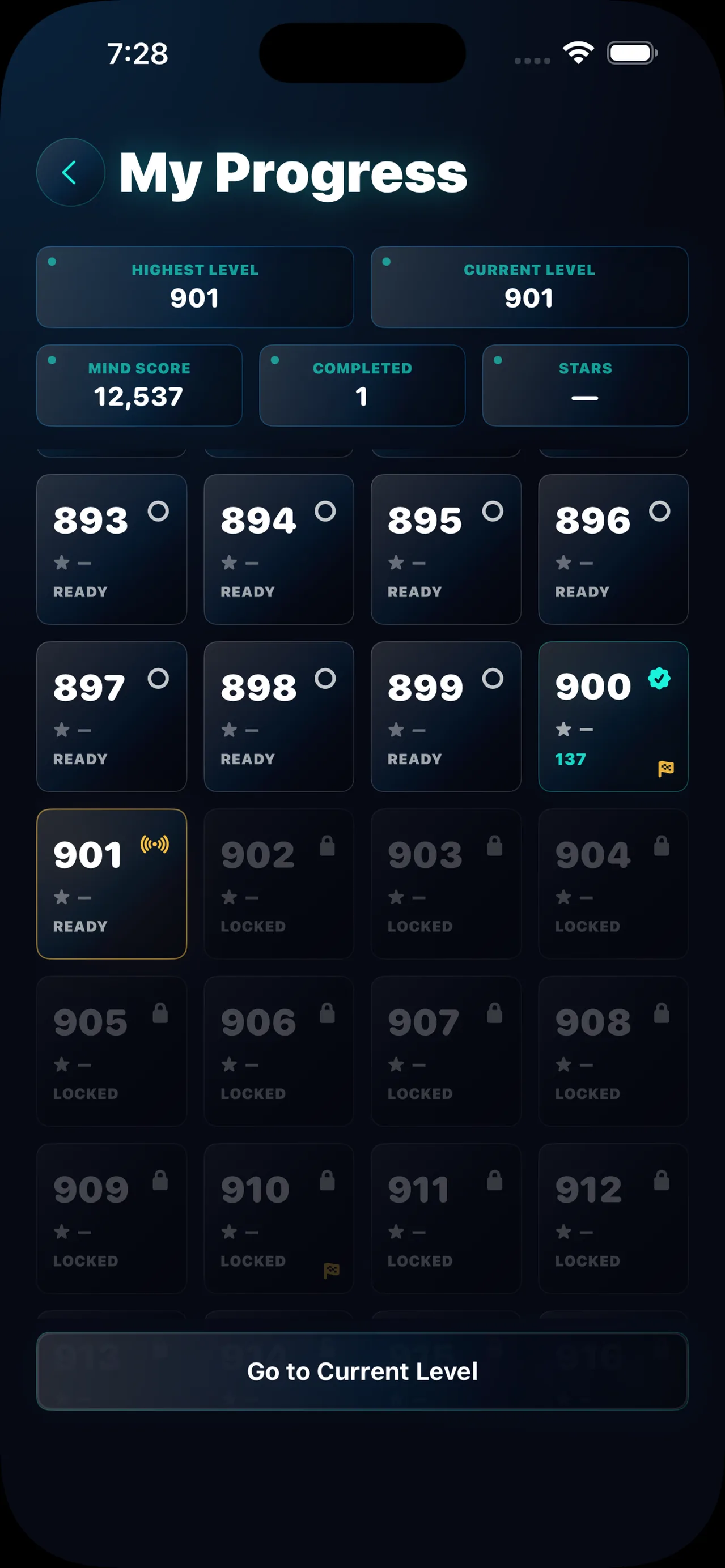MindTrap AI İlerlemem — en yüksek bölüm, Mind Score ve bölüm ızgarası
