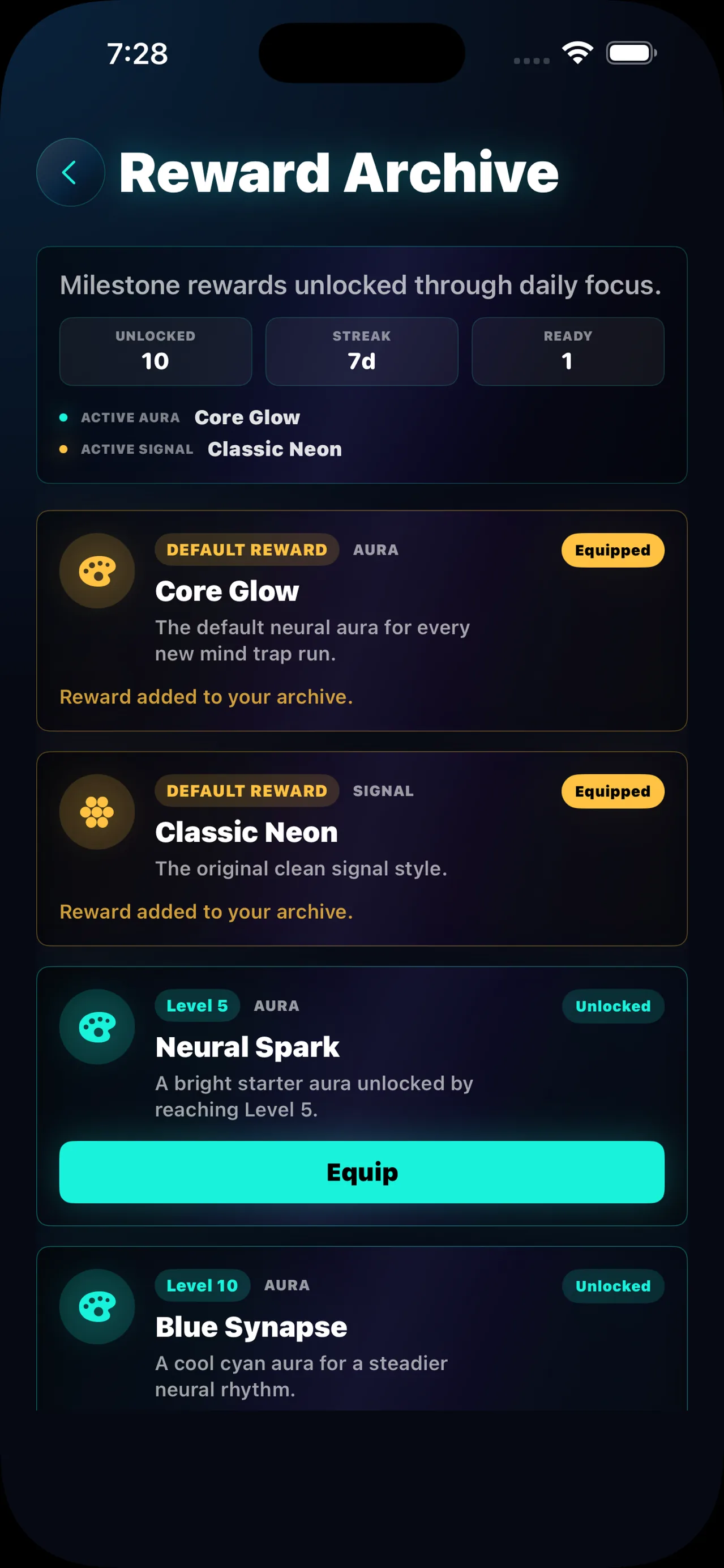 MindTrap AI Ödül Arşivi — bölüm ve seriye göre açılan auralar ve sinyaller