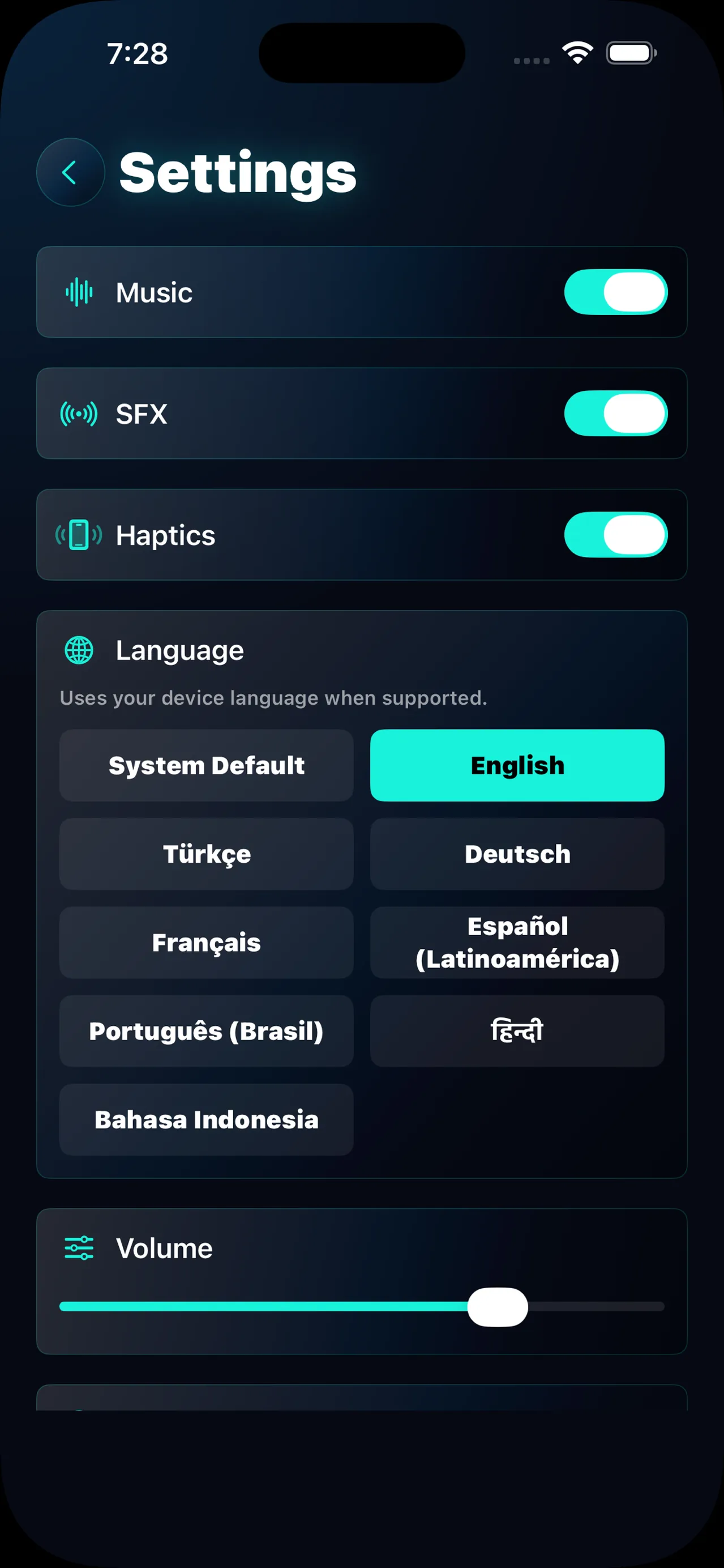 MindTrap AI ayarlar — ses, titreşim ve sekiz arayüz dili