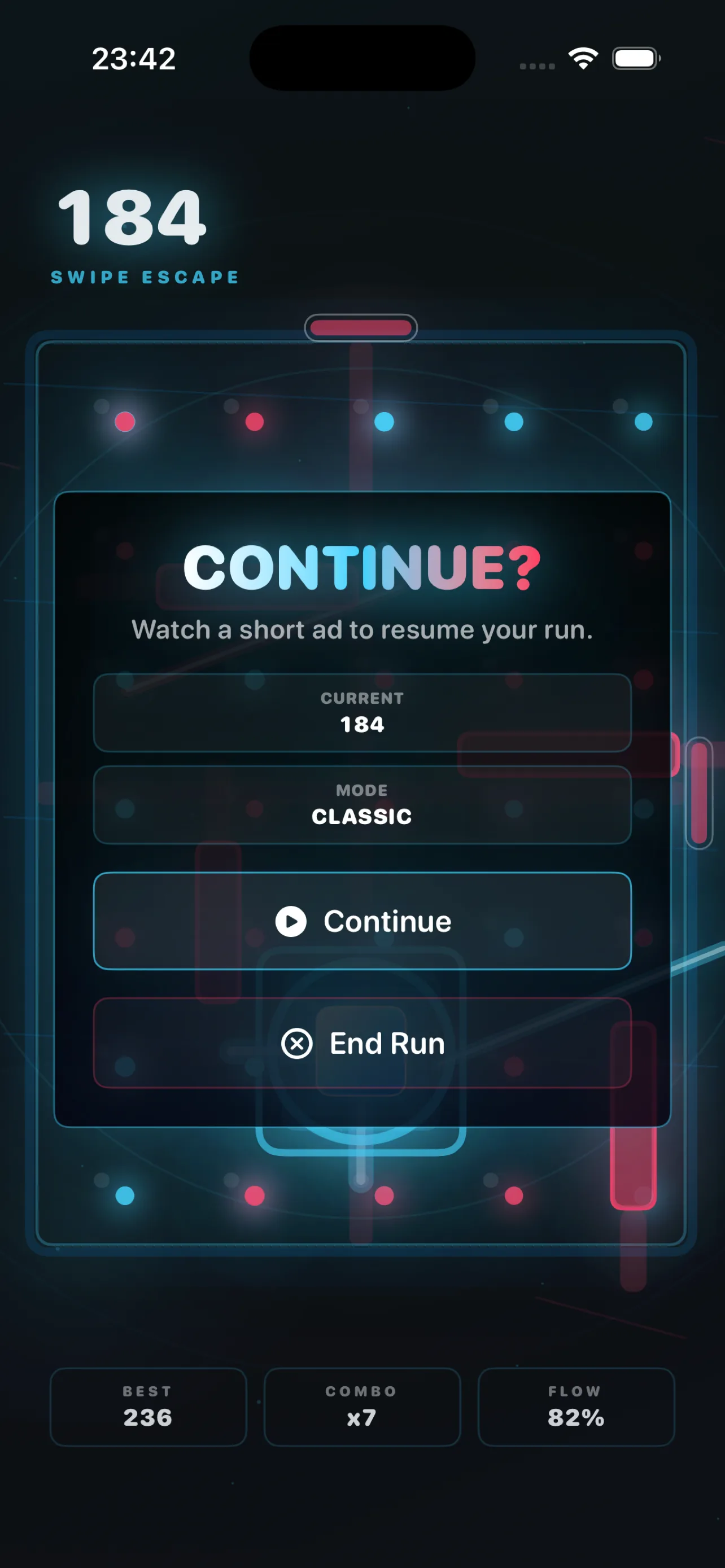 Swipe Escape rewarded continue — watch a short ad to resume the run