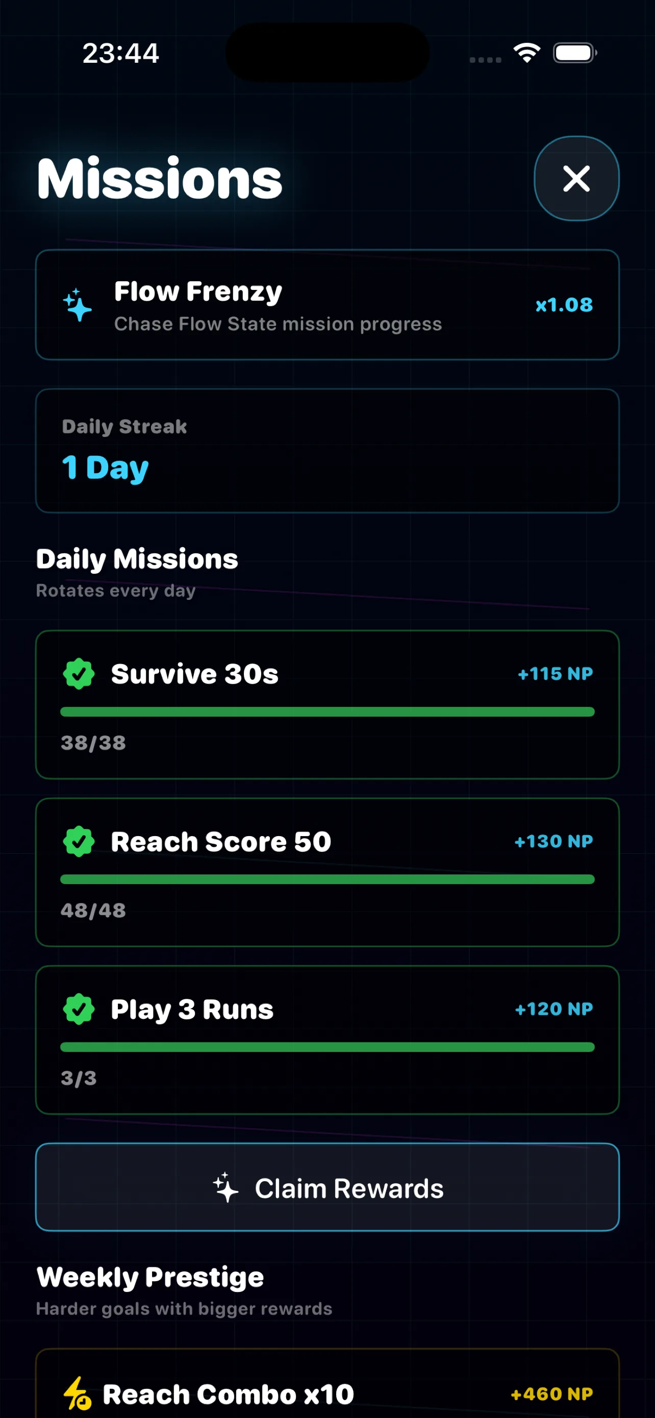 Swipe Escape daily missions, streak counter and Weekly Prestige goals