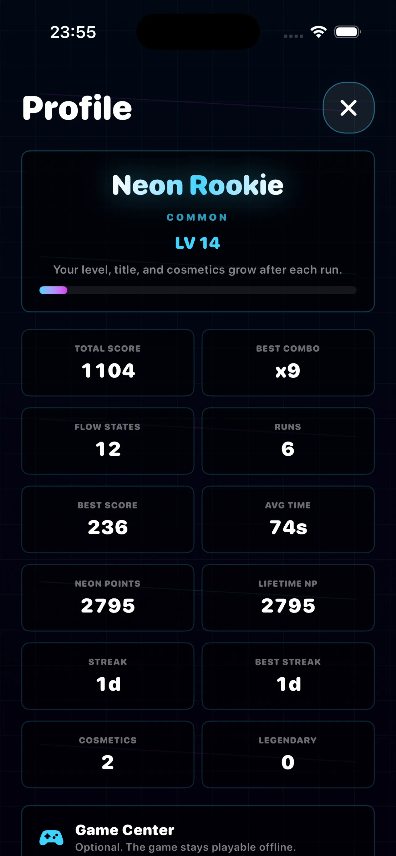 Swipe Escape profile — level, title and lifetime stats across every run