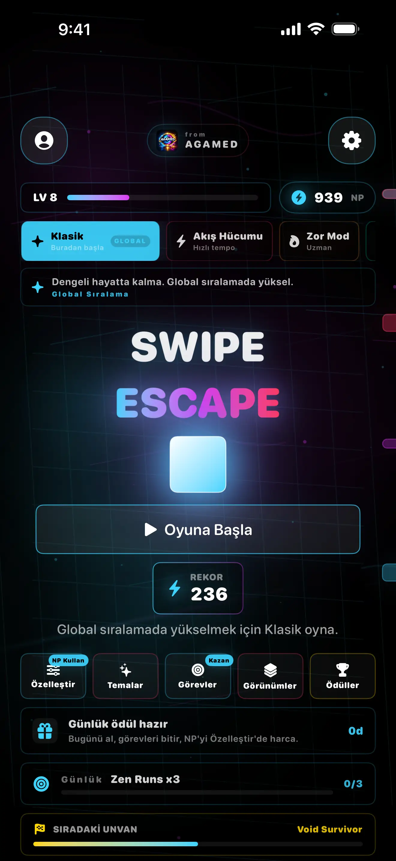 Swipe Escape ana menü — Klasik, Akış Hücumu ve Zor Mod seçenekleri, rekor 236