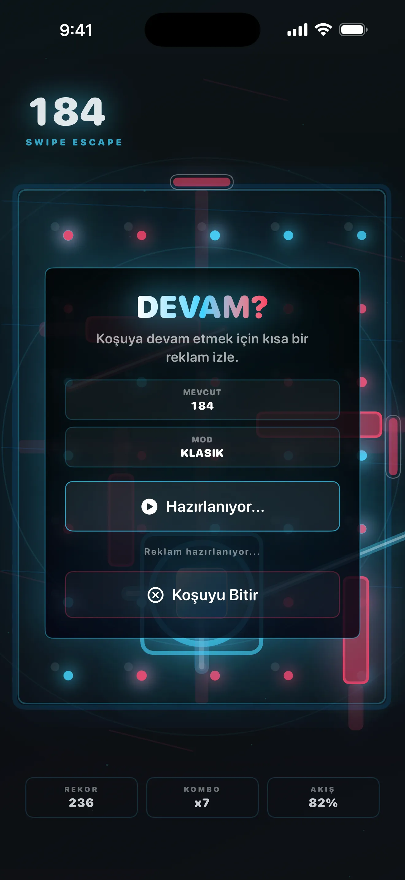 Swipe Escape ödüllü devam — kısa bir reklam izleyip koşuya kaldığın yerden devam et