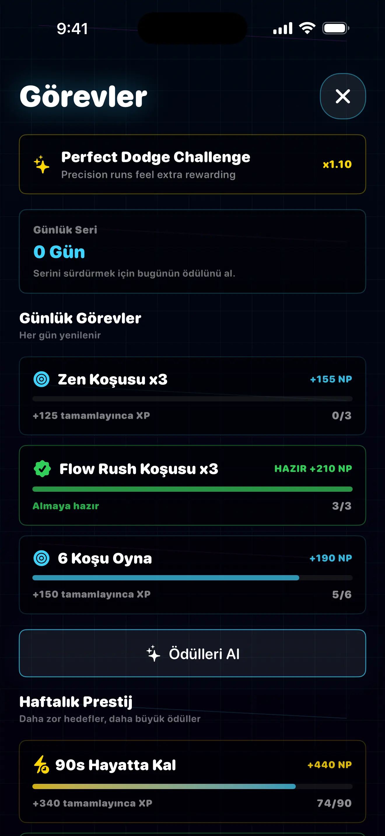 Swipe Escape görevler — günlük seri, günlük görevler ve Haftalık Prestij hedefleri