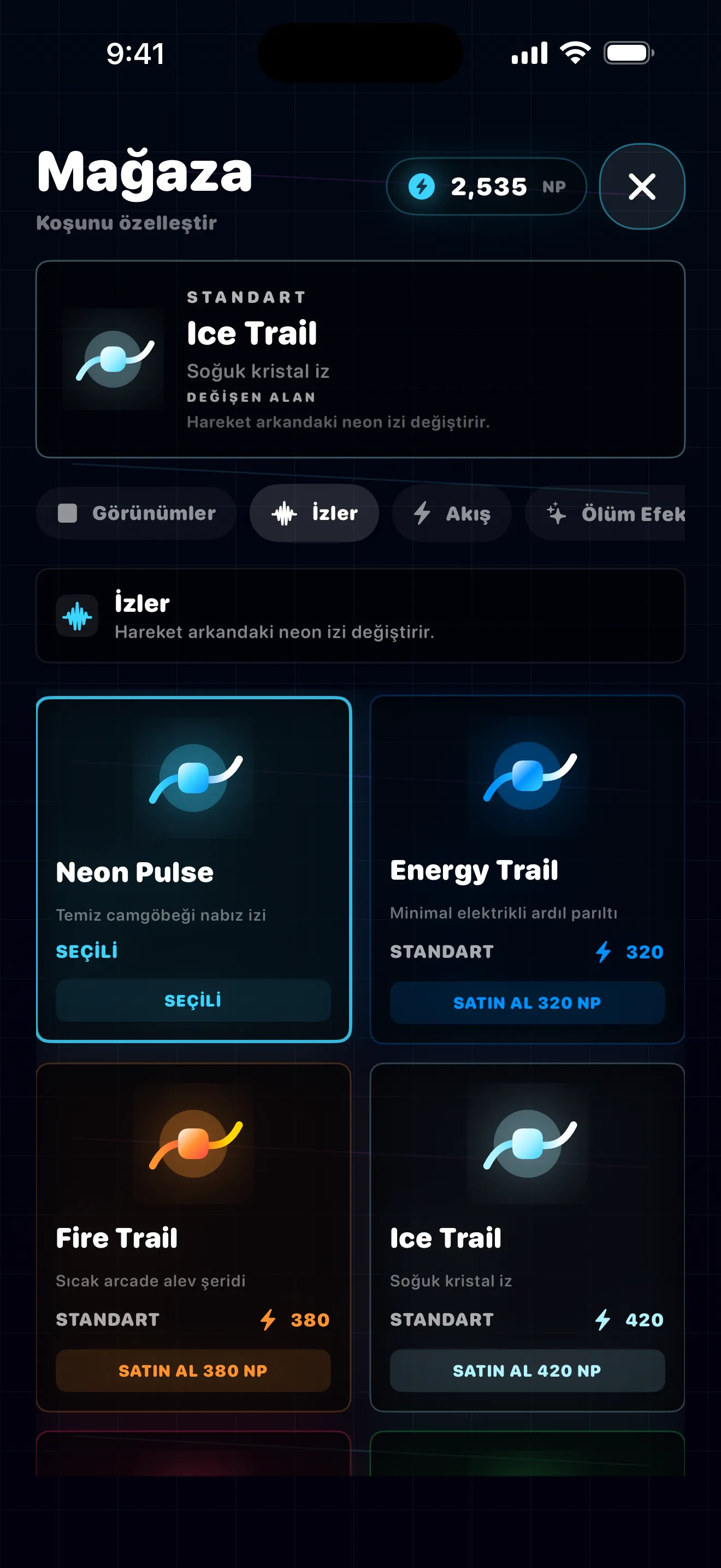 Swipe Escape mağaza — İzler sekmesinde Neon Pulse, Energy Trail ve Fire Trail