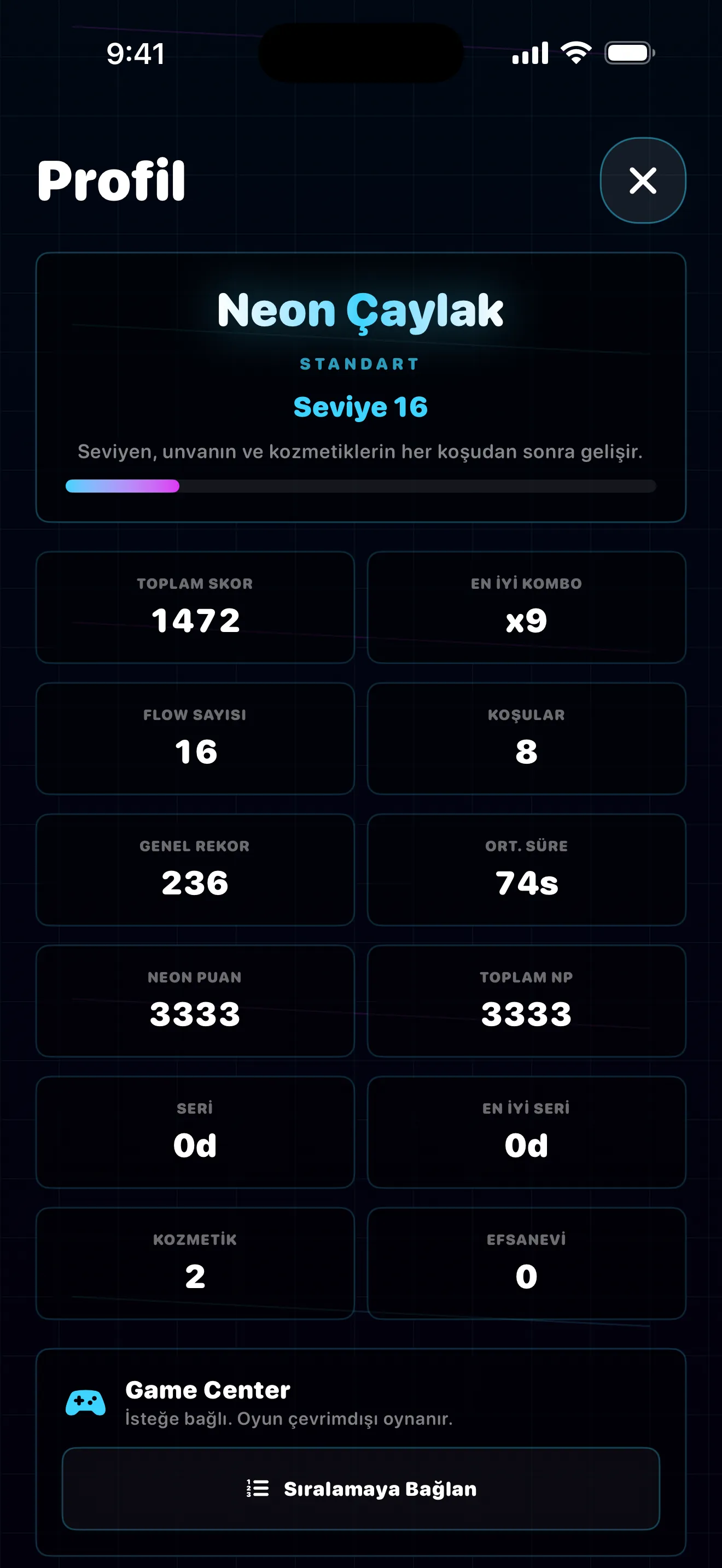 Swipe Escape profil — Neon Çaylak unvanı, seviye 16 ve tüm koşuların istatistikleri